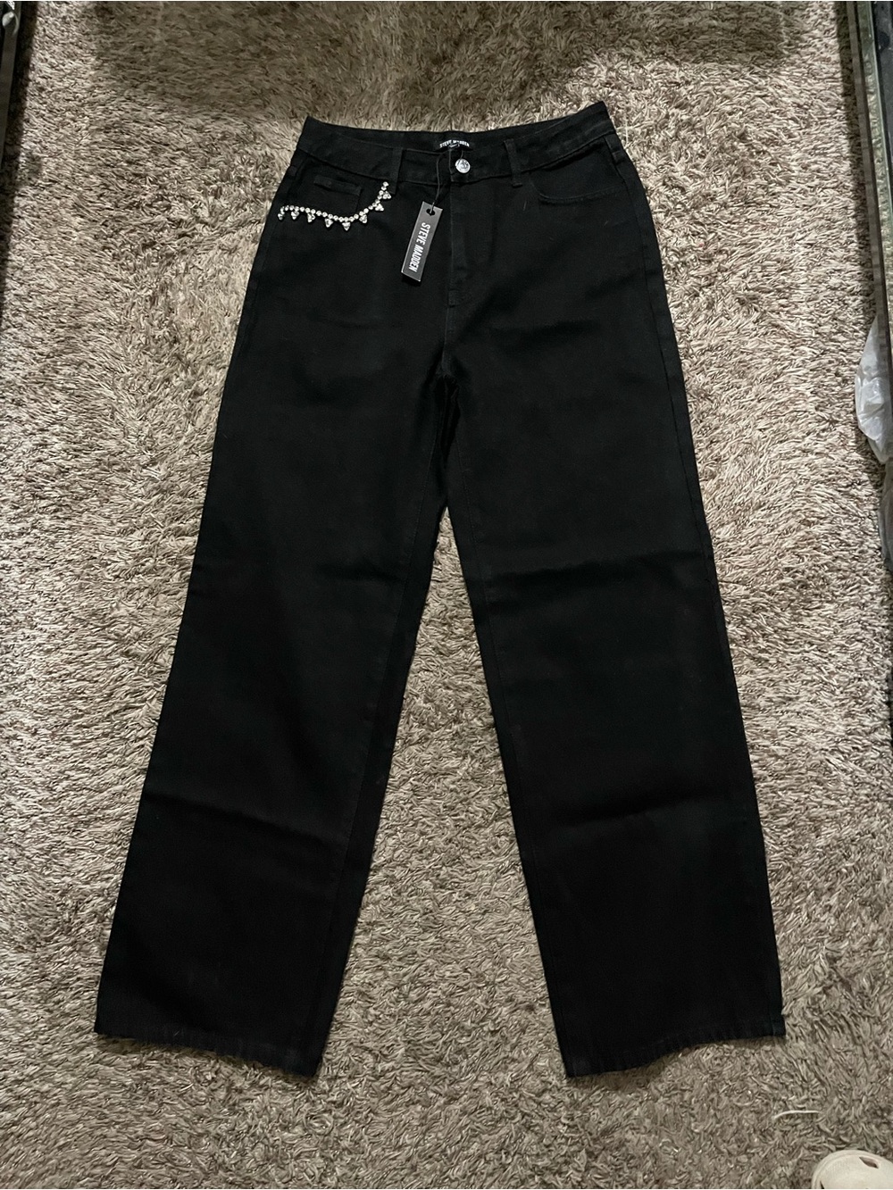 Steve Madden Black Straight-Leg Jeans with Rhinestone Chain - Picture 3 of 8